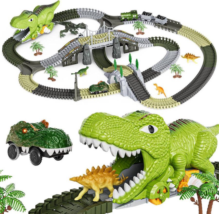 Dinosaurus Speelgoed Racebaan 281 Stuks Dinosaurus Treinspeelgoed voor Kinderen 3 4 5 6 jaar oud Flexibele Treinrails met 4 Dinosaurussen 2 Elektrische Raceauto's met Verlichting