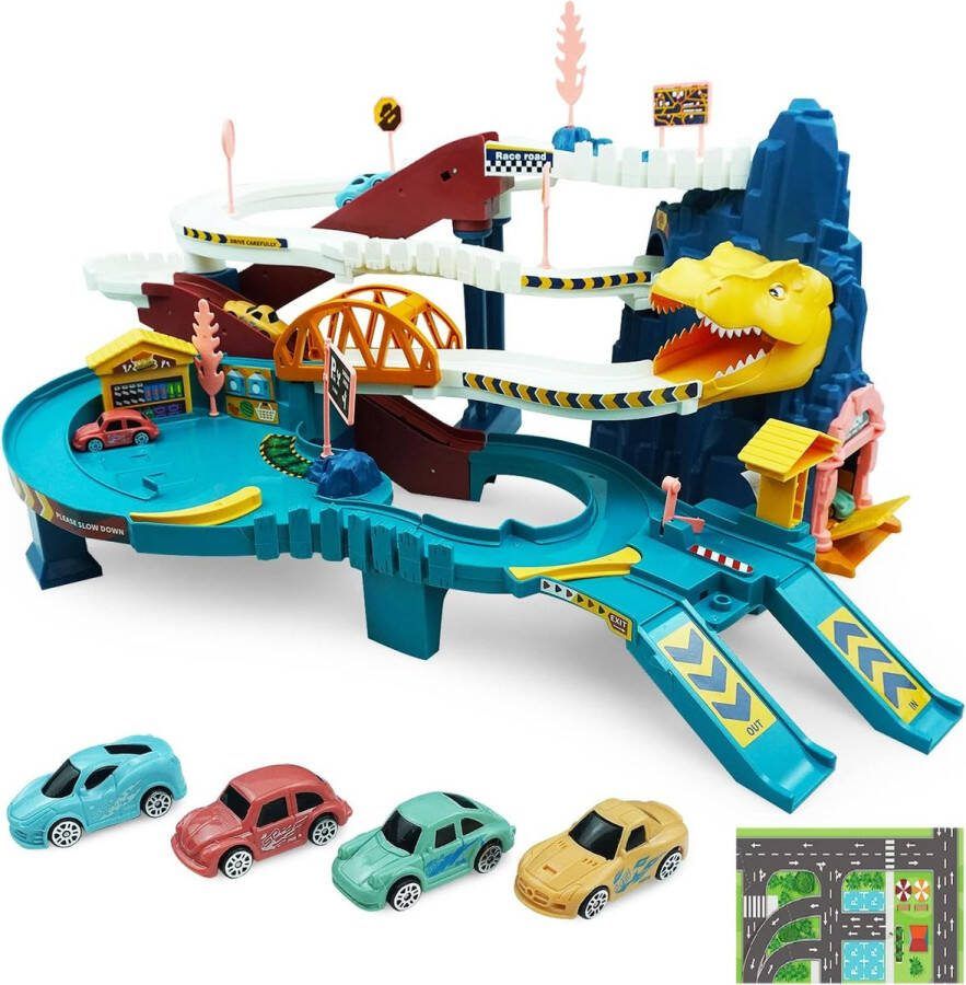 Dinosaurus Speelgoed Racebaan-autoracebaan voor kinderen met Musiek-dino snelweg met 4 autospeelgoed en rails dino racebaan van 3 jaar-dinosaurus spoorweg auto speelgoed gebogen weg- voertuig kinderen Dinosaur Hill cadeaus voor kinderen