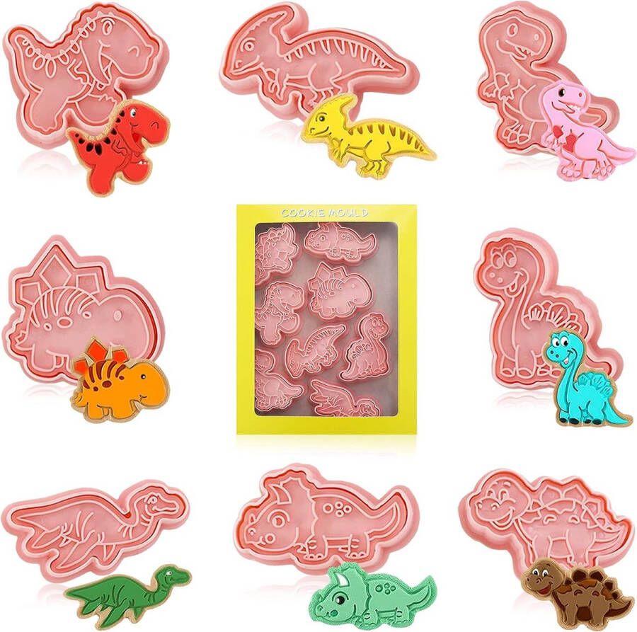 Dinosaurus uitsteekvormen 8 stuks kunststof stempels uitsteekvormen 3D kunststof uitstekers dinosaurus koekjessnijders koekjes uitstekers voor koekjes bakken taartdecoratie (dinosaurus B)