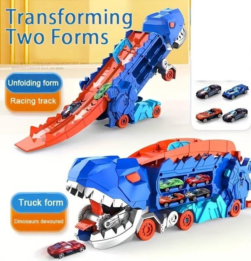 Dinosaurus vrachtwagen met opvouwbare glijbaan T-rex Tyrannosaurus speelgoedvrachtwagen 4 raceauto's 25 inch