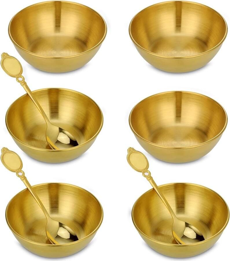 Dip Bowls Set van 6 RVS Gouden Serveerschalen Tapas Bowls Kleine Kommen voor Dips Voorgerecht Saus Knabbelen Gepolijste Snack Bowls Inclusief 3 Lepels Schalen & Presenteerbladen