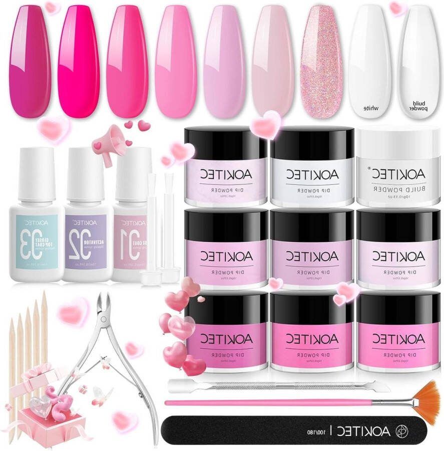 Dipping Powder Nail Kit with Building Powder 8+1 Colors Dip Base Activator Top Coat Nail File Cuticle Pusher Trimmer DIY Manicure Nail Art Set