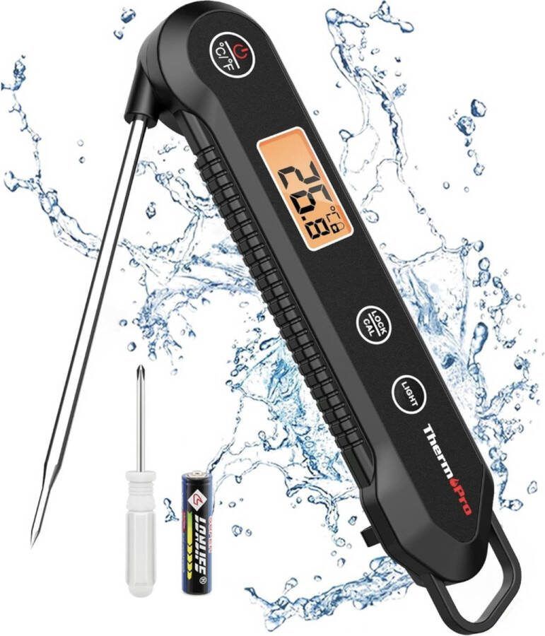 Direct afleesbare vleesthermometer met opvouwbare temperatuursonde IPX6 waterdicht met kalibratie en vergrendeling kookthermometer voor hetelucht frituurpan keuken barbecue en oven