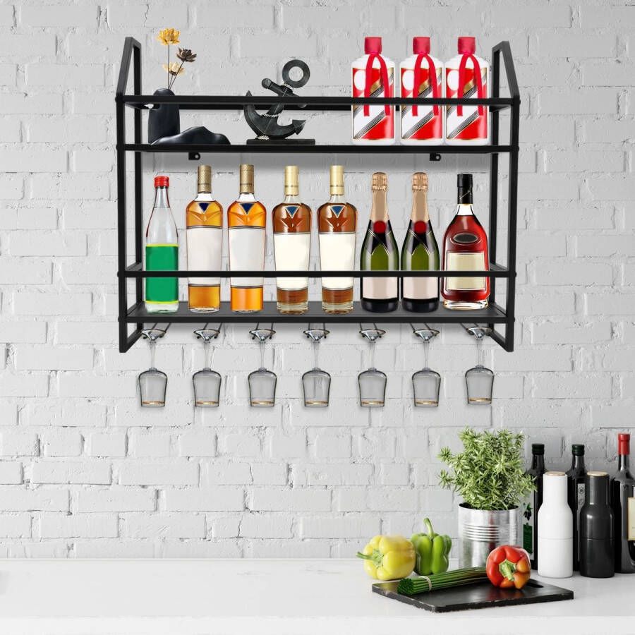 Directly Ijzeren Wijnrek 80x62x12cm (LxHxD) Wijnplank Kast Flessenhouder en Glazenhouder Wijnglazen Bar Aan Muur Monteerbaar