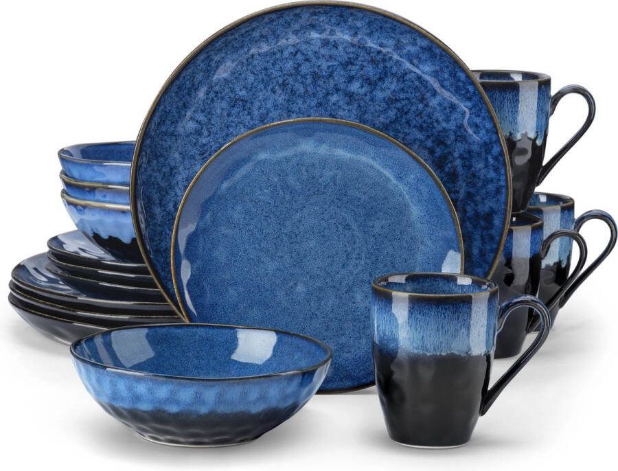Directly Servies Set Porselein Blauw Zwart 16 Stuks 4 Personen Kommen Bakjes Dinerborden Ontbijtborden