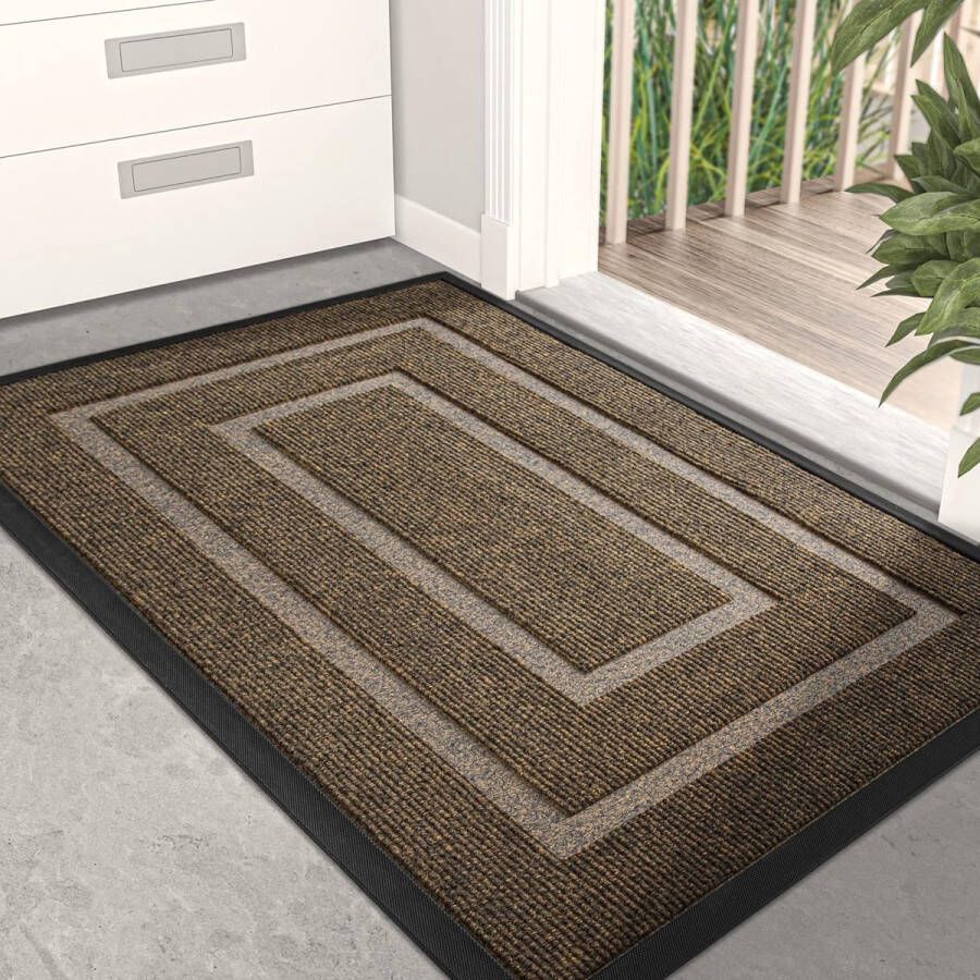 Dirt Trapper Mat 60 × 90 cm zware deurmat wasbaar antislip ingang rubberen achterkant schoenschraper deurmat voor buiten en binnen bruin