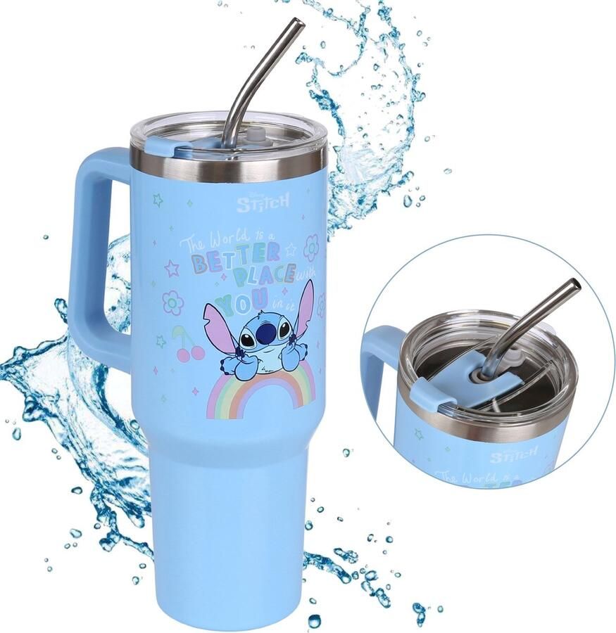 DISNEY Stitch Grote Thermische Beker met Deksel en Metalen Rietje Roestvrij Staal 1 18l