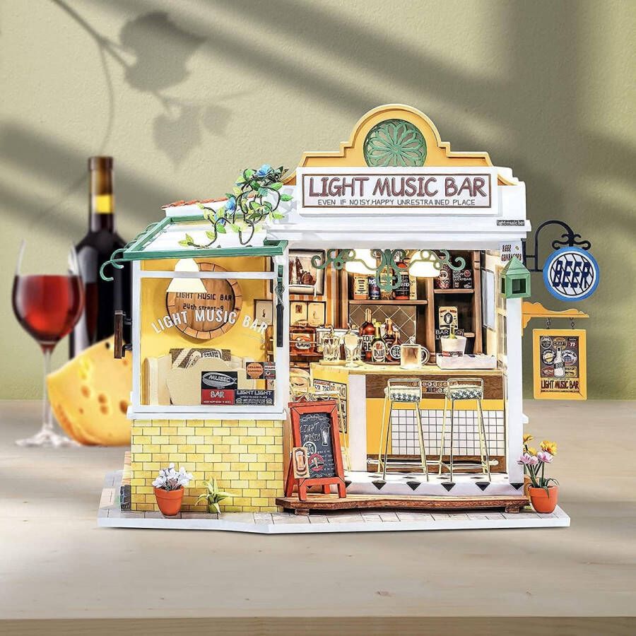 DIY miniatuur huis poppenhuis kit houten huis model voor meisjes en jongens kinderen 14+ jaar oud Light Music Bar