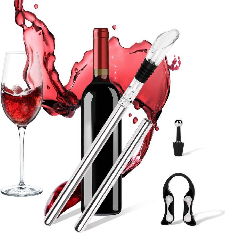 DOBIGER Set of 2 Wine Cooling Sticks Stainless Steel 5-in-1 Stainless Steel Wine Cooler Rod Including 2 Sticks + Pourer + Foil Cutter + Bottle Stopper Gift for Wine Lovers