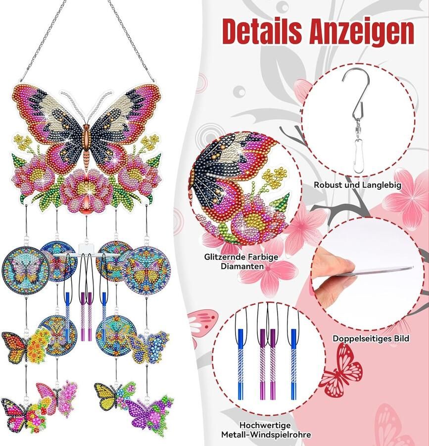 Doe-het-zelf diamantschilderij zonnevanger windgong set 5D dubbelzijdige kristallen diamond painting vlinderhangerset roterende windspel knutselset voor thuis tuin raamdecoratie