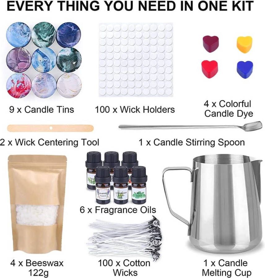 Doe-het-zelf kaarsen maken geurkaarsen geschenken met 6 etherische olie kaarslont 4 x 120 g bijenwas 9 blikjes gietset kaarsen lonthouder lontstickers en roerlepel