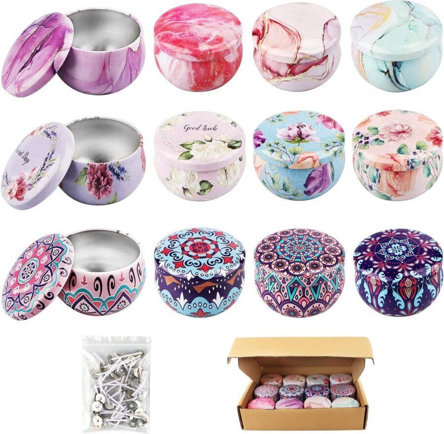 Doe-het-zelf kaarsenset 12 kaarsenglazen met 50 kaarsenkaarsen zelf maken set lege kaarsblikjes met deksel kaarsenie-accessoires voor geurkaarsen kaarsenmakerset