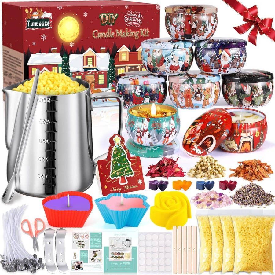 Doe-het-zelf kaarsenset kerstkaarsenmaken kit doe-het-zelf kaarsenmaakset geurkaarsen geschenken 8 kaarsblikjes 4 kleurstoffen siliconen vorm bijenwas kaarsenlonten voor kaarsen