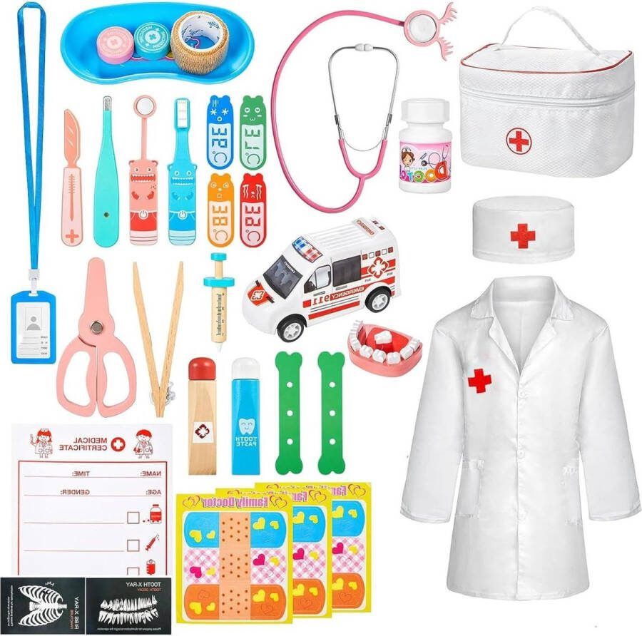 Dokterset Speelgoed Houten 34-delige set stethoscoop Rollenspel Dokter Verkleed Set Jongens Meisjes Leeftijden 3+ Dokterset Speelgoed