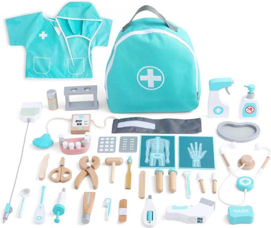 Dokterset Speelgoed Houten Doktersset voor Kinderen Stethoscoop Bloeddrukmeter Tandarts Instrumenten Rollenspel Dokterskoffer 36 Delig Medische Kit Leeftijd 3 4 5 Jaar Dokterset Speelgoed