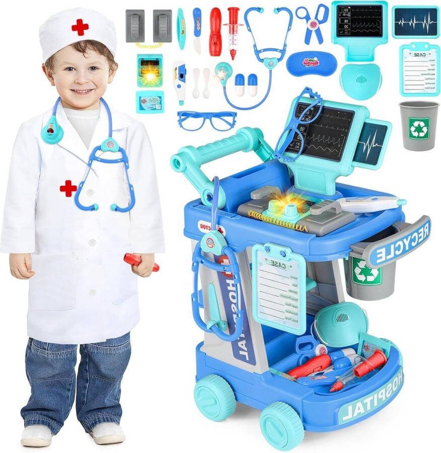 Dokterset Speelgoed Voor Kinderen Dokterskoffer Met Dokterskostuum Rollenspel Stethoscoop Thermometer Spuit Medisch Trolley Veel Accessoires Geschenken Dokterset Speelgoed