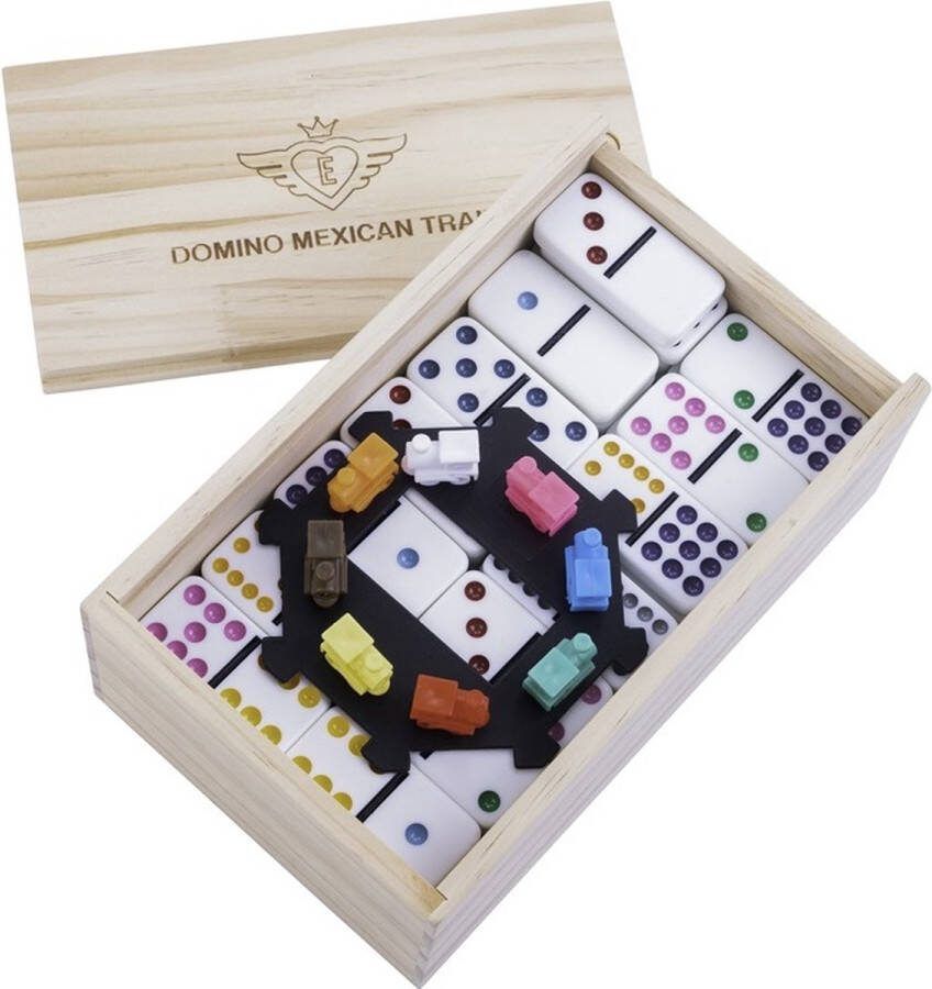 Longfield Games Domino Dubbel 9 Mexican Train Spel Houten Kist 55 Stenen