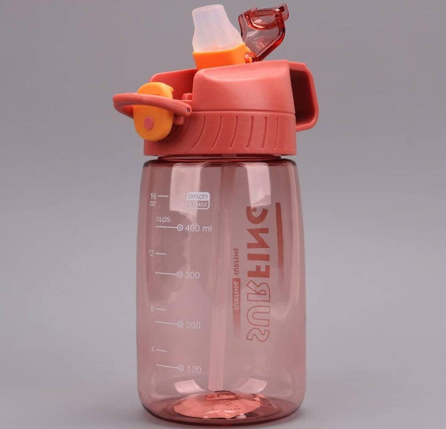 Domoti Sportfles 500 ml thermosfles waterfles met rietje veiligheidssluiting motiverende fles waterfles voor kinderen sportfles roze