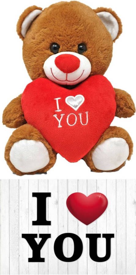 Merkloos Donker bruine pluche knuffelbeer 20 cm incl. Valentijnskaart I Love You Knuffelberen