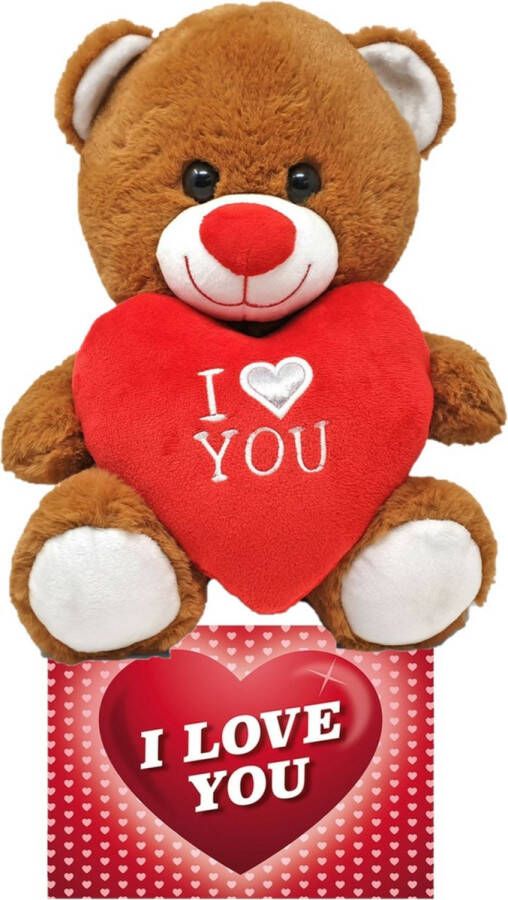 Merkloos Donker bruine pluche knuffelbeer 30 cm incl. Valentijnskaart I Love You Knuffelberen