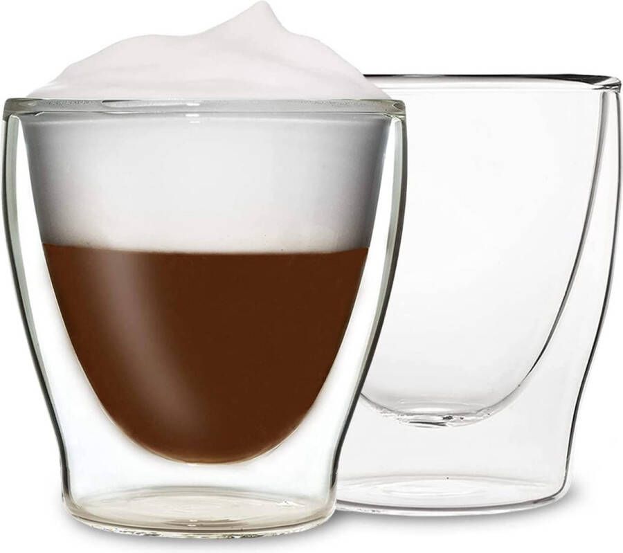 Feelino DUOS dubbelwandig glas thermosglas 200 ml drinkglas espressoglas theeglas shotglas voor warme en koude dranken borosilicaatglas bestand tegen hitte en kou handgemaakt vaatwasmachinebestendig zwevend effect