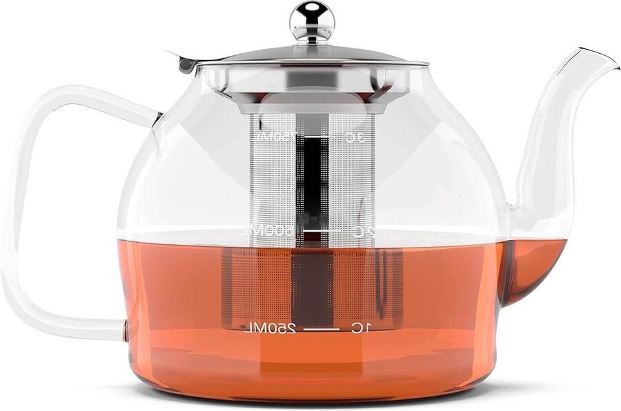 Doorzichtige glazen theepot met infuser 800ml voor losse thee serveert 2-4 kopjes hittebestendig borosilicaatglas met niet-druipende tuit