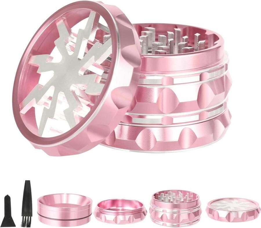 Doorzichtige kruidenmolen aluminium met stuifmeelschraper en reinigingsborstel roze 63 cm 4 stuks