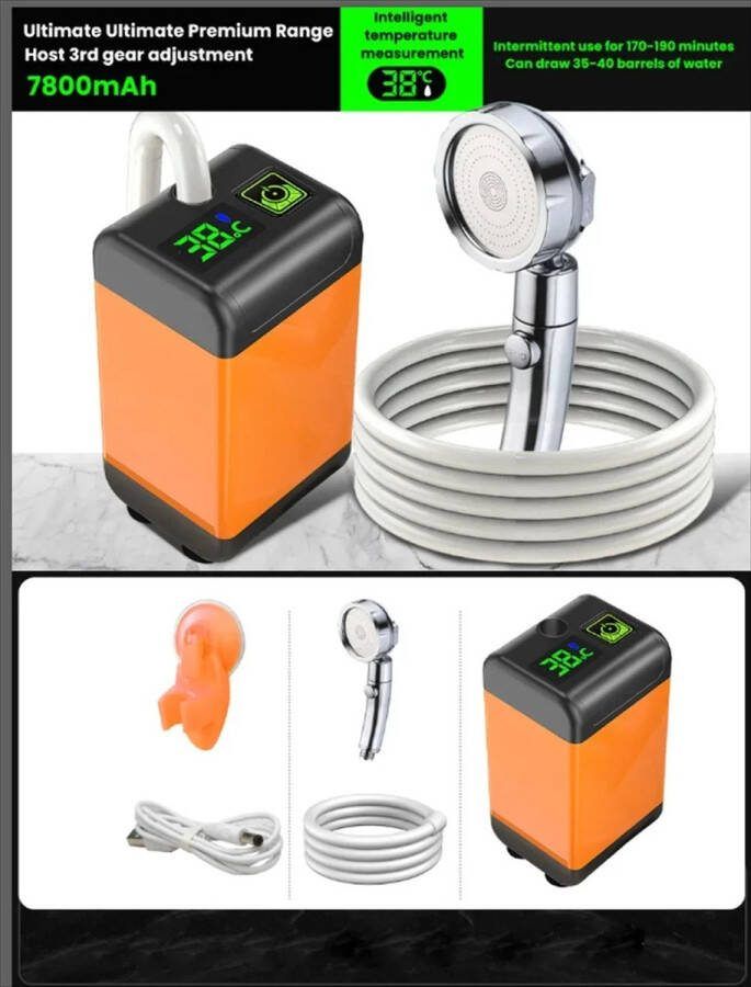 Douche Buitendouche Camping Douche Kit Oplaadbaar Pomp met Smart Digital Display Kamperen Wandelen Reizen Wassen Oranje