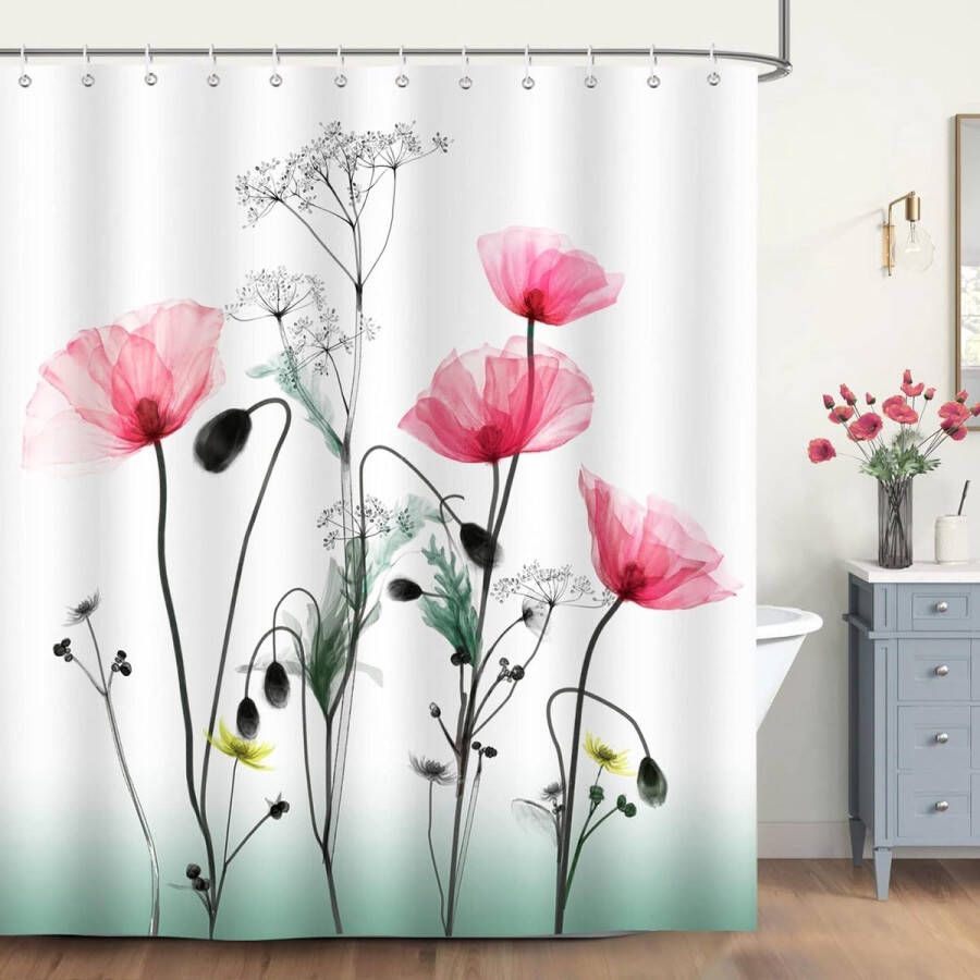Douchegordijn bloemen rode klaprozen douchegordijnen 180 x 200 cm anti-schimmel waterdicht polyester stof wasbaar badkamergordijn met 12 haken