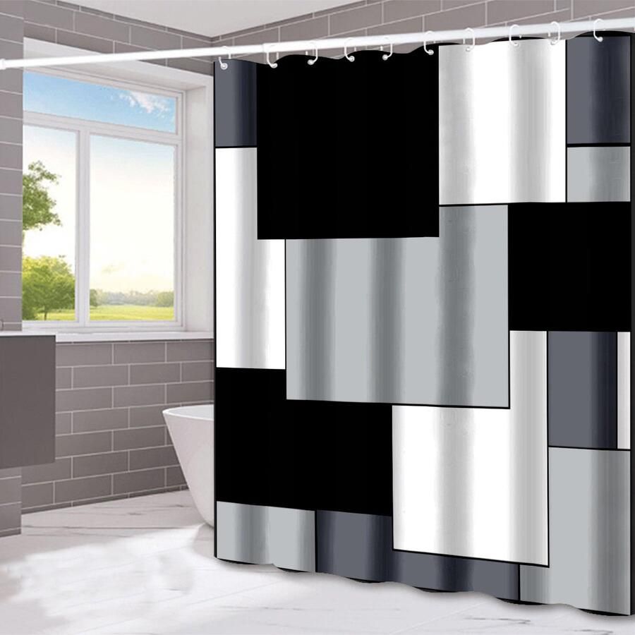Douchegordijn-Zwart-witte Douchegordijnen voor Badkamer Stof -Geometrische Badgordijnen Decoratief Douchegordijn 180*180 cm-Met 12 kunststof haken