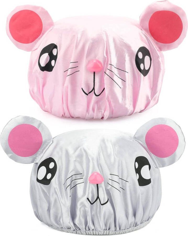 Douchemuts 2 stuks roze muis en grijze muis schattige douchemuts met dubbele laag waterdicht Badmuts kinderen lang haar shower cap