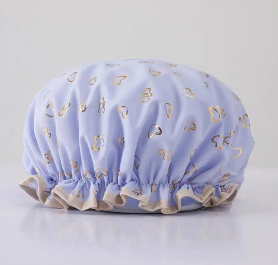 Douchemuts Shower cap Douchekapje Douche cap voor vol haar Licht Blauw met hartjes