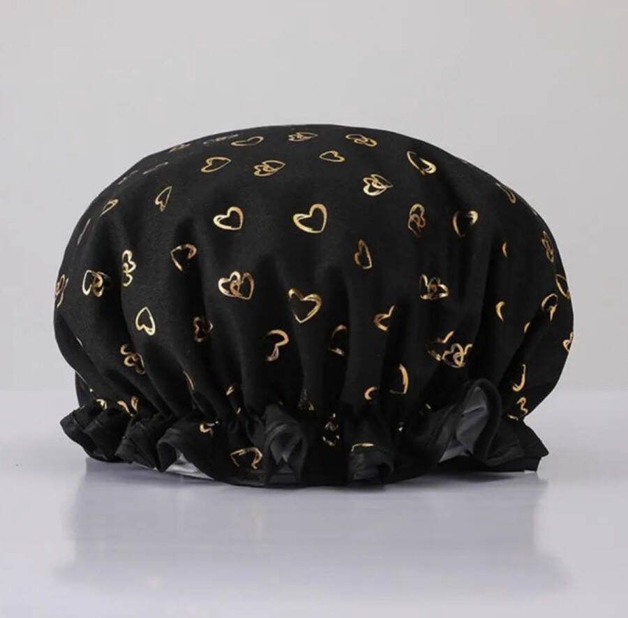 Douchemuts Shower cap Douchekapje Douche cap voor vol haar Zwart met hartjes