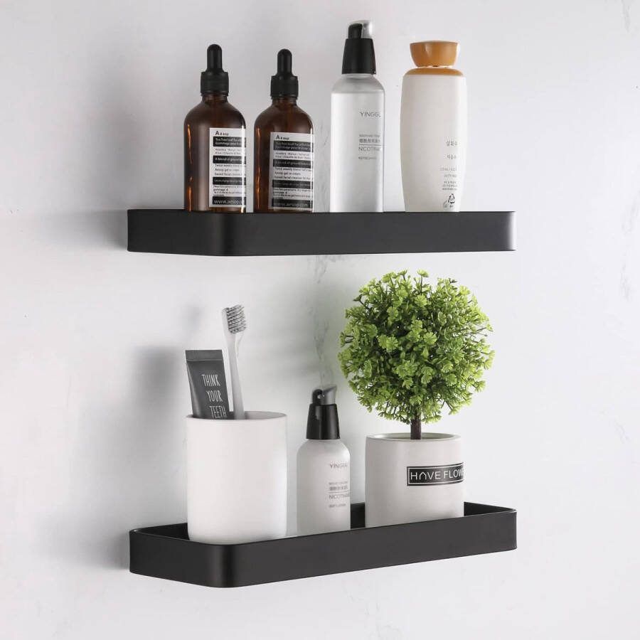 Doucheplank zonder boren aluminium badkamerrek zelfklevend douchemand opbergrek met mat glas 30 cm badkamerrek voor douche badkamer keuken balkon doucheplank 2 stuks zwart