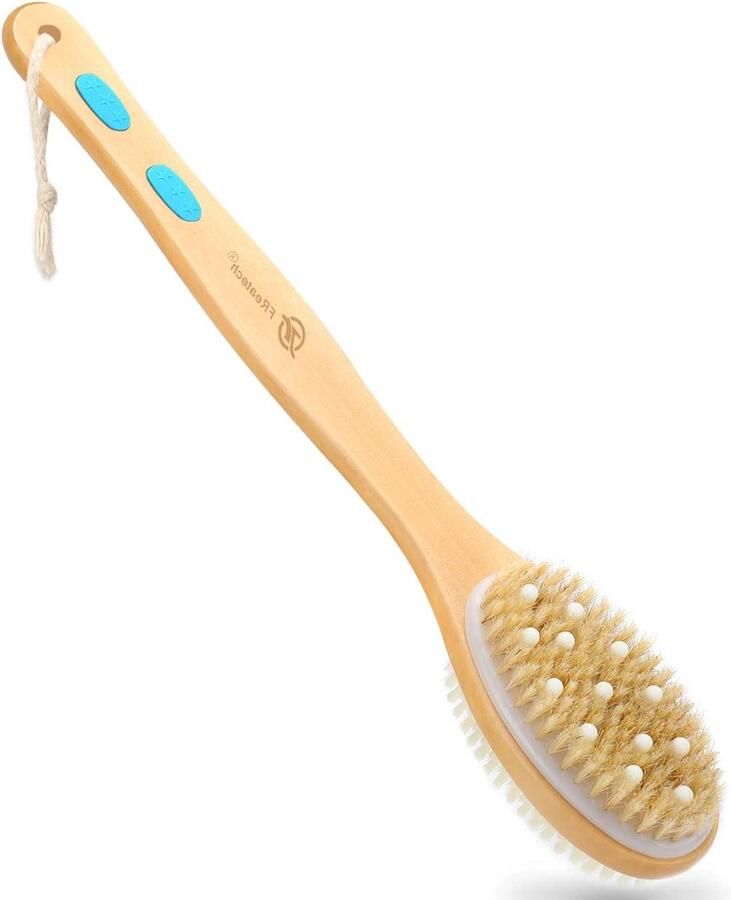 Doucherugborstel met Lange Steel Exfoliërende Rugscrubber Massageknobbeltjes Badborstel Nat en Droog Gebruik