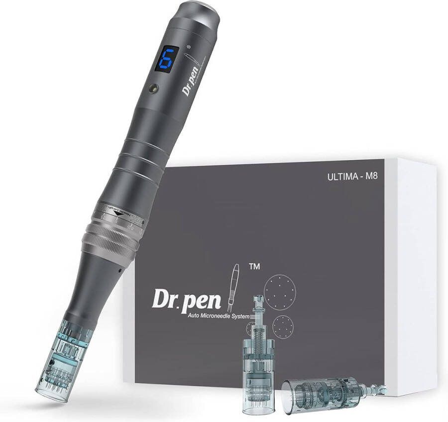 Dr. Pen M8 Microneedling 2x 16 pin needle cartridges Led screen oplaadbaar aanpasbare naalddiepte huidverbetering rejuvenation collageen aanmaak anti acne helpt tegen littekens pigmentatie rimpels vegrootte poriën en striae