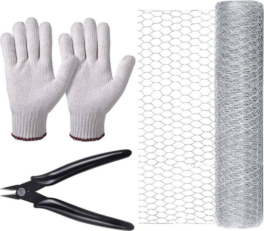 Draadgaas 40 cm x 5 m bloemen-kippendraadnet verzinkt zeshoekig draadgaas voor tuinhekken Inclusief mini-snijtang en handschoenen