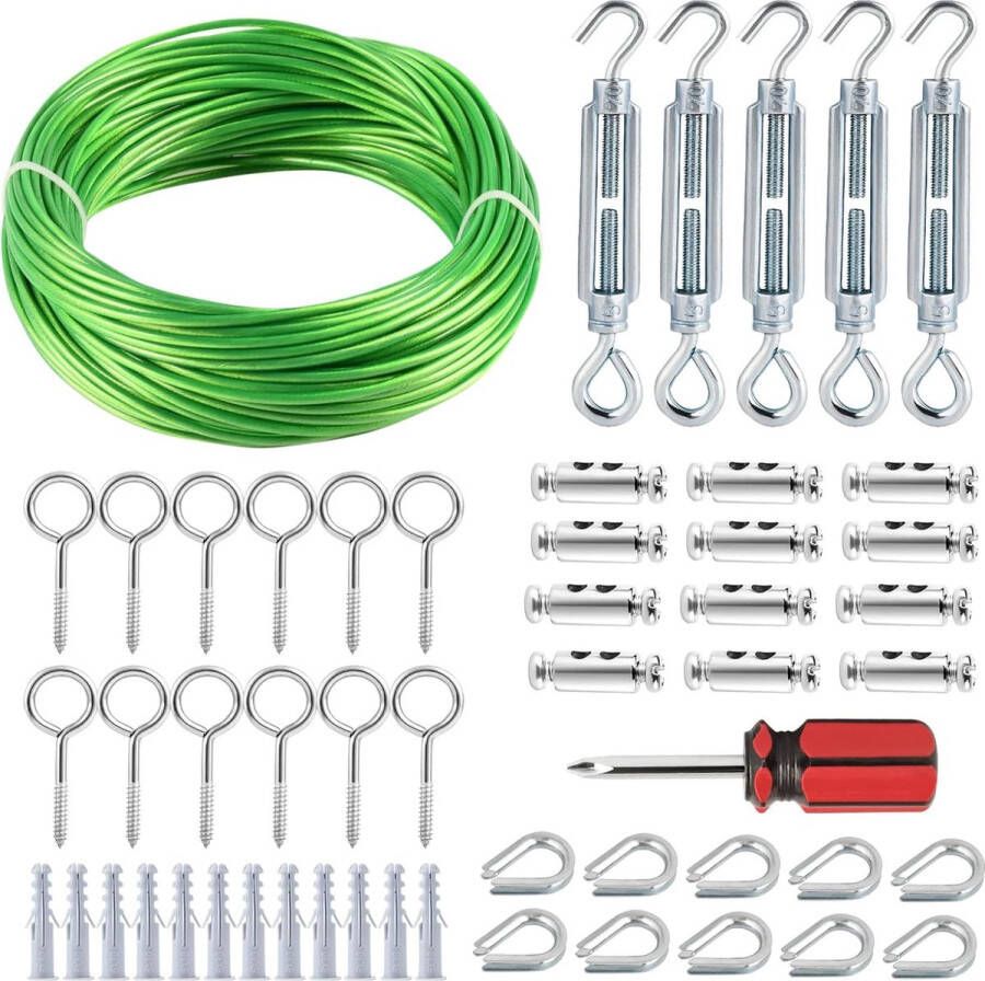 Draadkabel 3 mm & M5 spansluitenset 30 m staalkabel met oogjes spandraad pvc-ommanteld kabelspanset voor tuin metalen touw waslijn klimhulp voor klimplanten gordijntouw