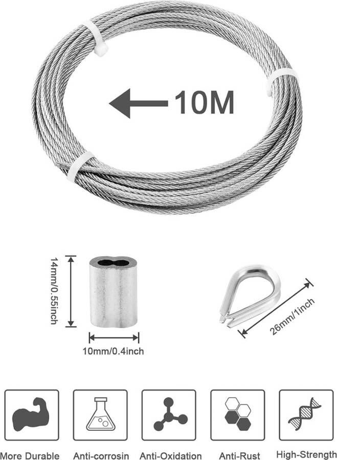 Draadkabel 3 mm roestvrij staal 10 m 3 mm roestvrij stalen kabel staalkabel met ogen M3 krimphulzen 3 mm draadkabel kabelkousen spanddraad voor hek outdoor licht hangen gordijnen touw