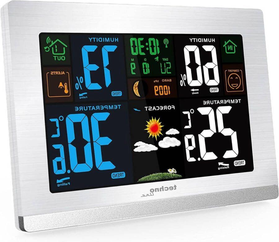 Draadloos weerstation binnentemperatuur buitentemperatuur Technoline WS6462 zilver vochtigheid luchtdruk trendweergave kleurendisplay radioklok maanstanden
