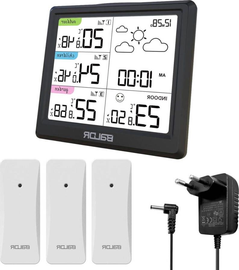 Draadloos weerstation met 3 buitensensoren temperatuur luchtvochtigheid weersvoorspelling wekker tijdweergave voor thuis tuin Luchtmeter