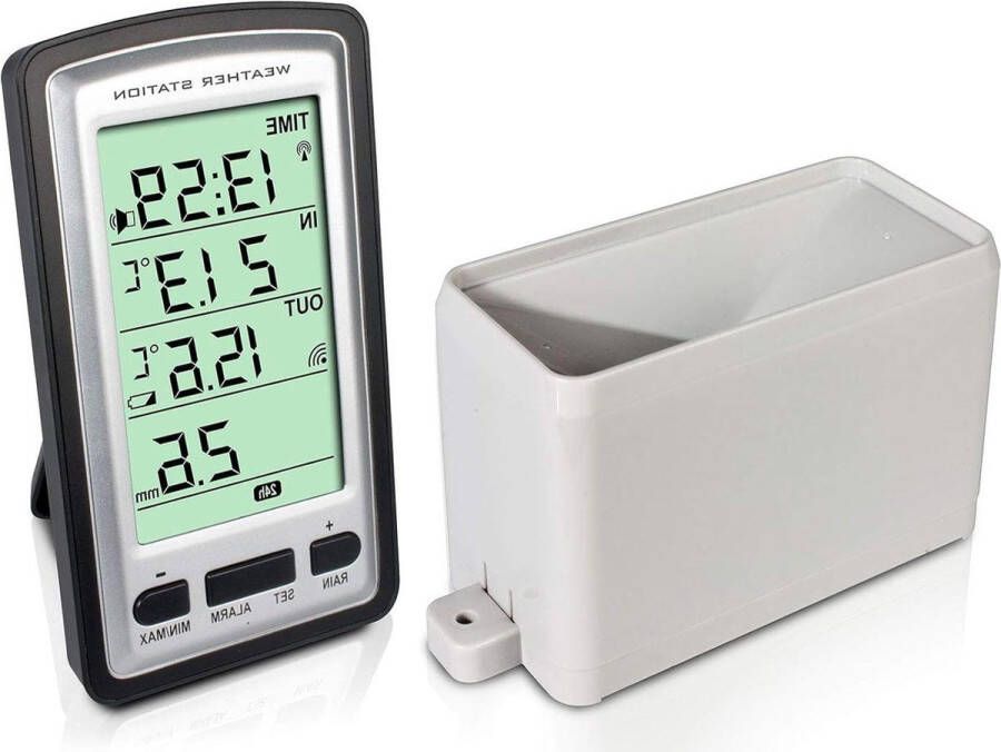 Draadloos weerstation met digitale regenmeter binnen- en buitentemperatuur DCF-gestuurde klok neerslagmeter tot 100 meter bereik