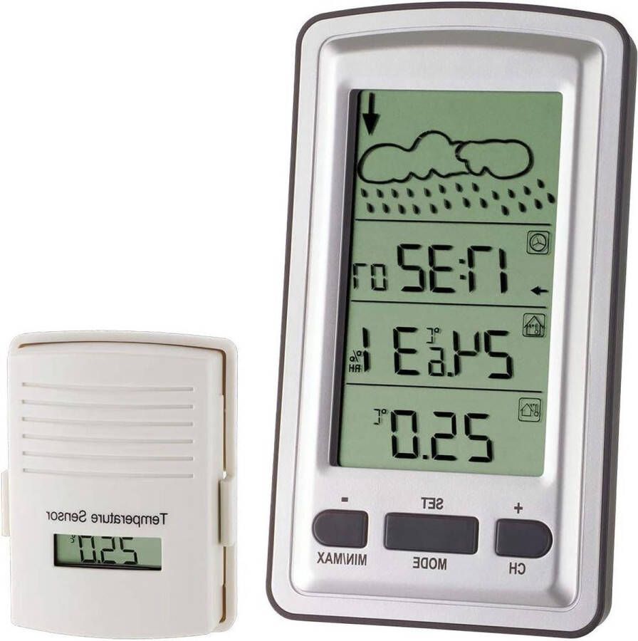 Draadloos weerstation met symbolen weersvoorspelling binnentemperatuur luchtvochtigheid buitentemperatuur radioklok alarm