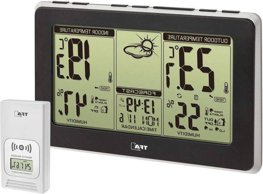 Draadloos weerstation MONDO 35.1151.01 temperatuur en luchtvochtigheid binnen en buiten weersverwachting tijd alarm snooze functie achtergrondverlichting zwart