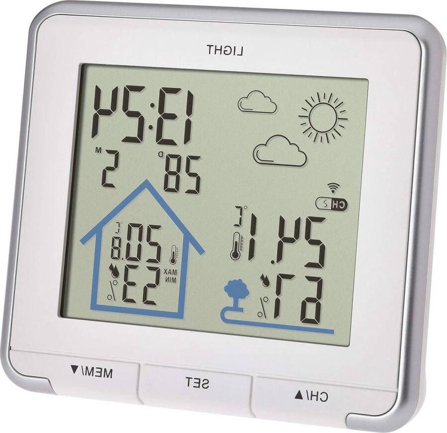 Draadloos weerstation temperatuur en luchtvochtigheid binnen en buiten tijdsweergave wit 138 x 28 x 125 mm