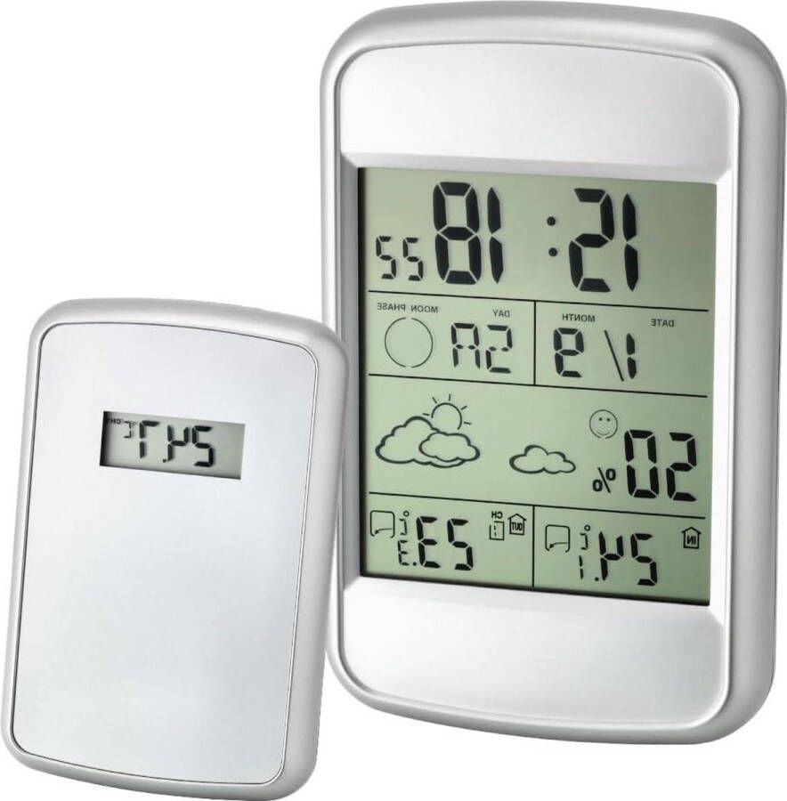 Draadloos weerstation temperatuur via buitenzender binnenklimaatcontrole weersverwachting max.-min.-waarden tijd met datum alarm zilver 85 x 24 x 135 mm