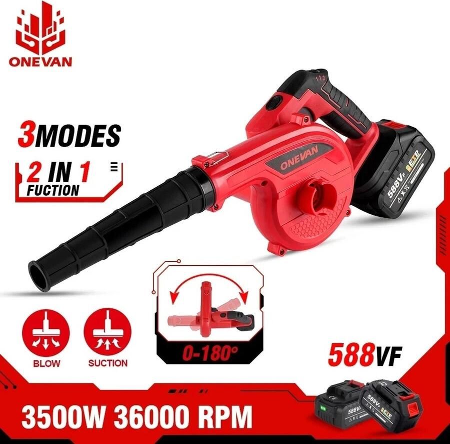 Draadloze bladblazer blaas en zuigfunctie Elektrische Luchtblazer Sneeuwblazer 3500W 9000 mah 2x batterijen opvangzak rood