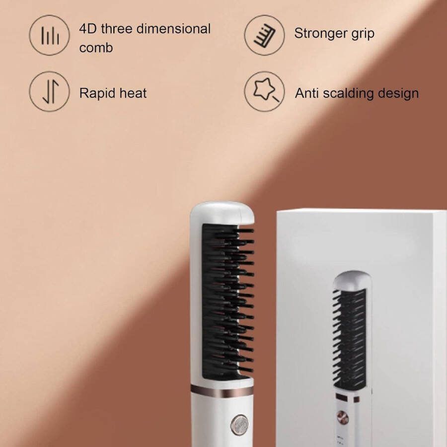 Draadloze Stijltang Borstel Kam Rechttrekken Borstel Oplaadbaar Haar Tools voor Styling Krulborstel Wit