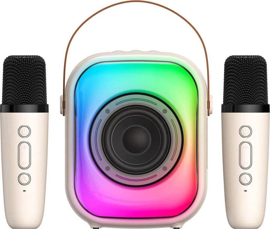 Draagbaar Karaoke Set Voor Volwassenen Voor Kinderen KaraokeSet Met Draadloze Microfoon Muziekspeler Hifi Stereo Surround Rgb Kleurrijk Led Licht 2 Microfoons Draagbaar Compact RGB Light Wit