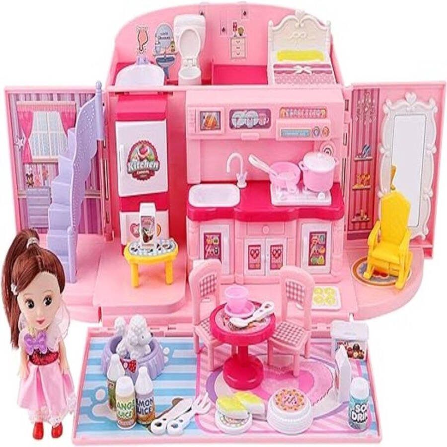 Draagbaar Roze Poppenhuis Speelgoed 2-in-1 met Licht en Muziek Fantasiespelset voor Kinderen Inclusief Accessoires Draagkoffer en Pop – Roze Poppenhuis